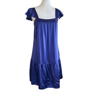 Vintage Y2K Jenny Han Silk Dress – Cobalt Blue Flutter Sleeve Mini – Size M